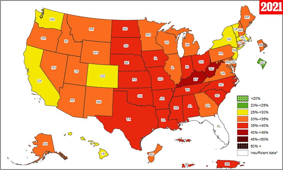 Die obigen Daten zeigen die Situation des Vorjahres.  In den meisten US-Bundesstaaten stieg die Fettleibigkeitsrate im Vergleich zu den Vorjahren