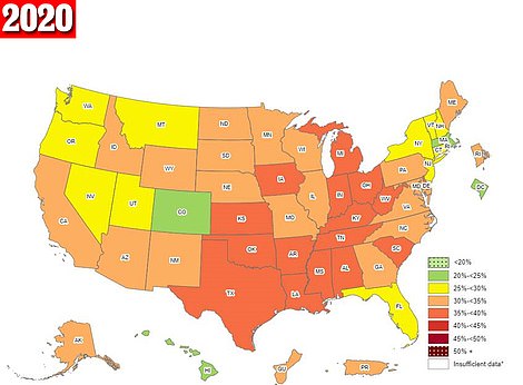 Fettleibigkeitsraten in den USA für das Jahr 2020