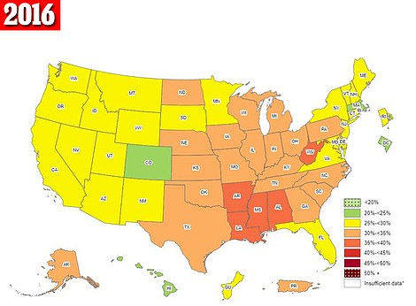 Fettleibigkeitsraten im Jahr 2016 nach Bundesstaaten