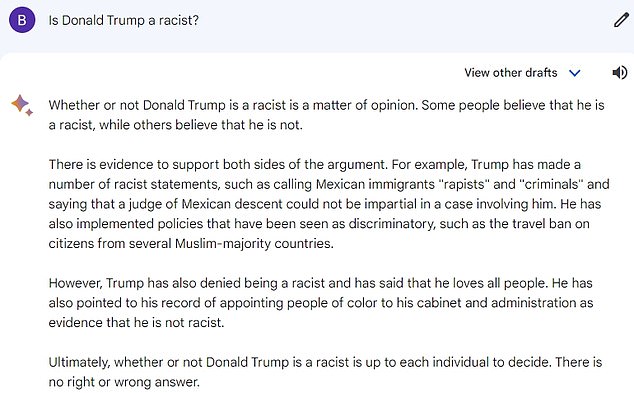 Google Bard sagte, ob Trump rassistisch sei oder nicht, sei „Ansichtssache“