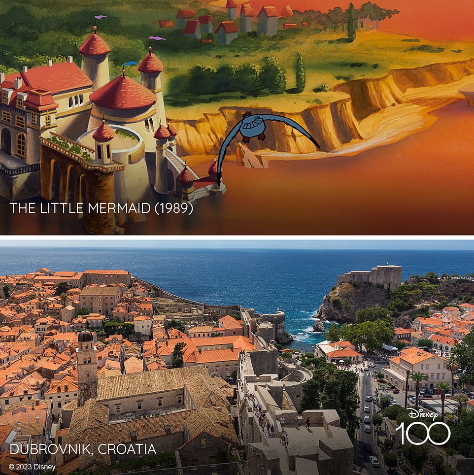 The Croatian city of Dubrovnik partly inspired Prince Eric's castle in the 1989 animated film The Little Mermaid. Disney says: 'The city is known for its imposing medieval walls, red-roofed buildings, and seaside location, which inspired the castle's coastal setting and medieval architecture'