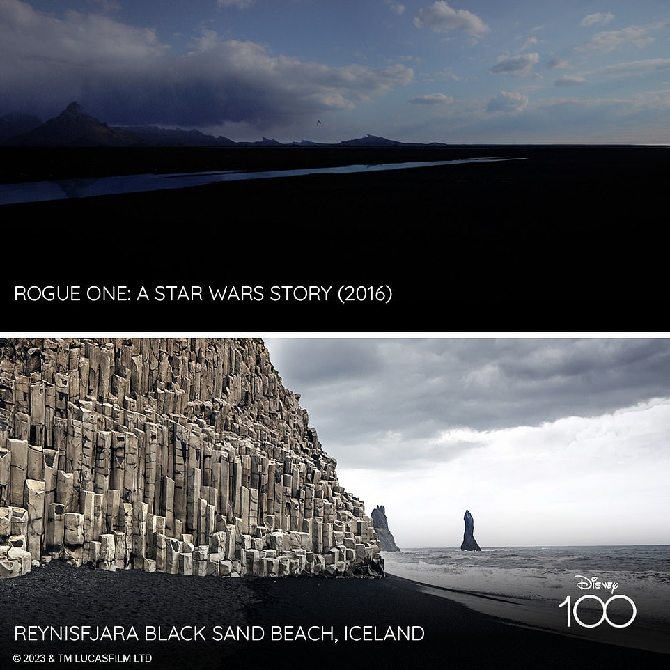 Aerial shots of Iceland's Reynisfjara Black Sand Beach, known for its striking black sand and dramatic rock formations, were used in the 2016 film Rogue One: A Star Wars Story