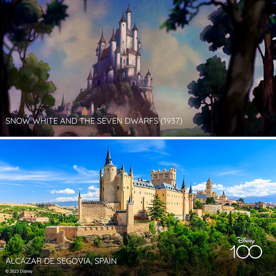 The castle in Disney's 1937 animated film Snow White and the Seven Dwarfs is based on Alcazar de Segovia, a medieval castle in the Spanish city of Segovia. Disney says: 'The Alcazar's distinctive shape, with its turrets and steep roofs, bears a resemblance to the castle depicted in the film'