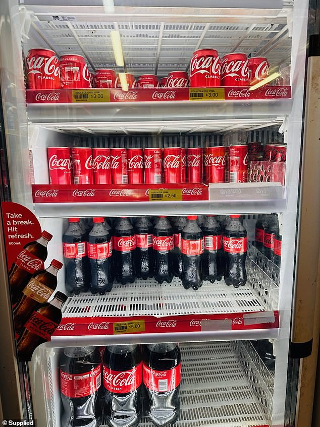 Alle zwei Wochen bestellen die Pereras 1481 Liter Coca-Cola in 1,25-l-, 2-li- und 600-ml-Flaschen sowie 375-ml-Dosen.  „Sie mögen Pepsi nicht besonders“, sagt Herr Perera.  Abgebildet ist ein Kühlschrank im Roadhouse