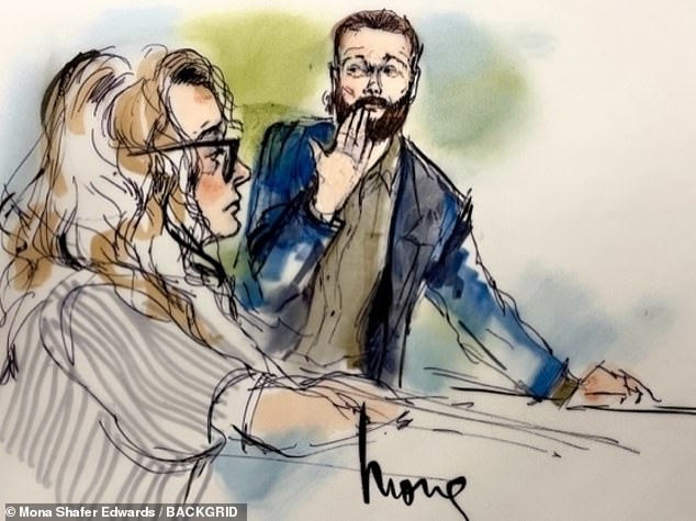 Masterson warf seiner Frau im Gerichtssaal einen Kuss zu, als er zu 30 Jahren Haft verurteilt wurde, wie in einer Gerichtsskizze zu sehen ist