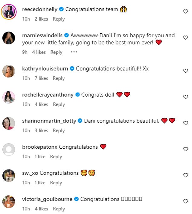 Reaktion: Co-Stars und Freunde von „Dani's Apprentice“ beeilten sich, dem Paar im Kommentarbereich des Beitrags zu gratulieren