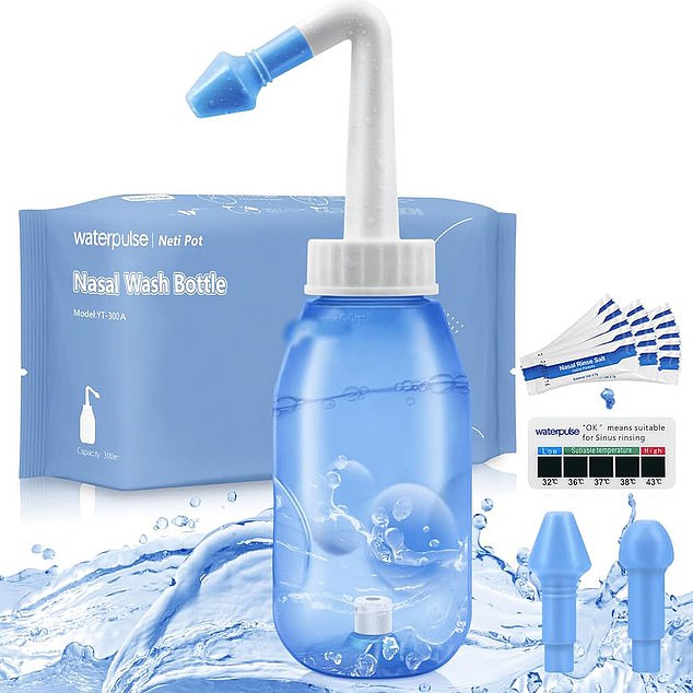 The bottle has an attached tube which you position into a nostril, then pour the water in. By tilting your head sideways, the water drains out the other nostril, bringing any mucus, which may have clogged the sinuses, with it