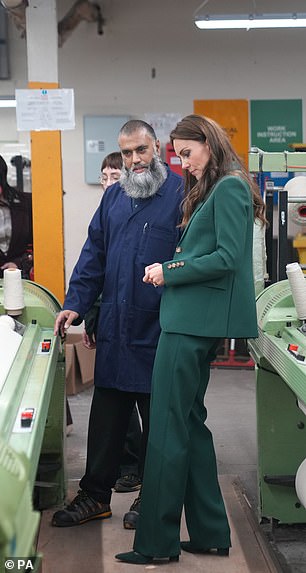 The Princess appeared particularly interested in the manufacturing process of the wool at the mill today