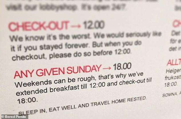 Während ein anderes Hotel in Schweden einen späten Check-out um 18:00 Uhr und ein verlängertes Frühstück bis 12:00 Uhr am Wochenende anbot, damit sich seine Gäste ausgeruht fühlen konnten