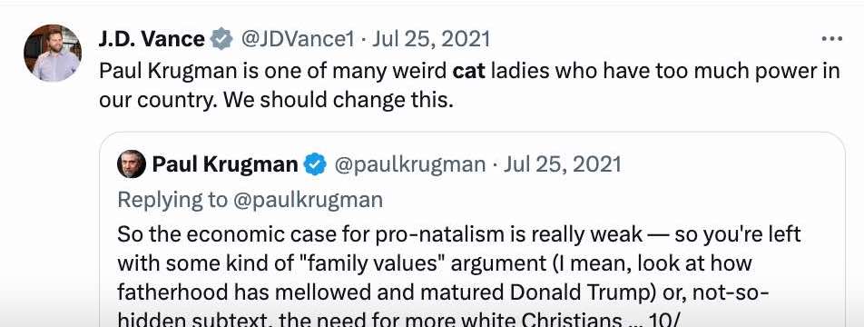 JD Vance-Tweet: "Paul Krugman ist eine von vielen seltsamen Katzendamen, die in unserem Land zu viel Macht haben.  Das sollten wir ändern."