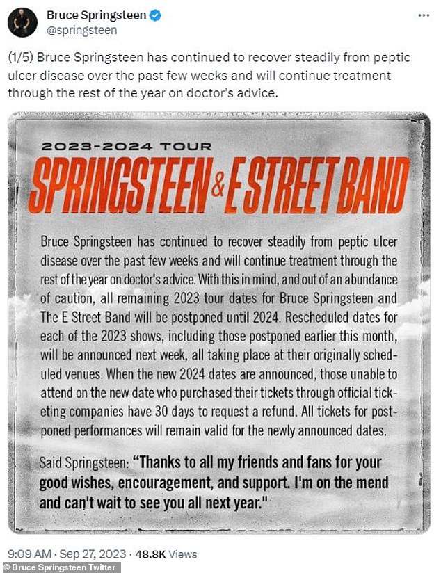 Verheerend: Die 74-jährige Musikikone teilte am Mittwoch einen Instagram-Beitrag, in dem sie ankündigte, dass alle verbleibenden Tourdaten von Bruce Springsteen und The E Street Band auf Anraten der Ärzte abgesagt würden