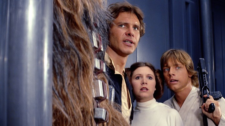 Chewbacca, Han Solo, Leia und Luke, in "Krieg der Sterne."