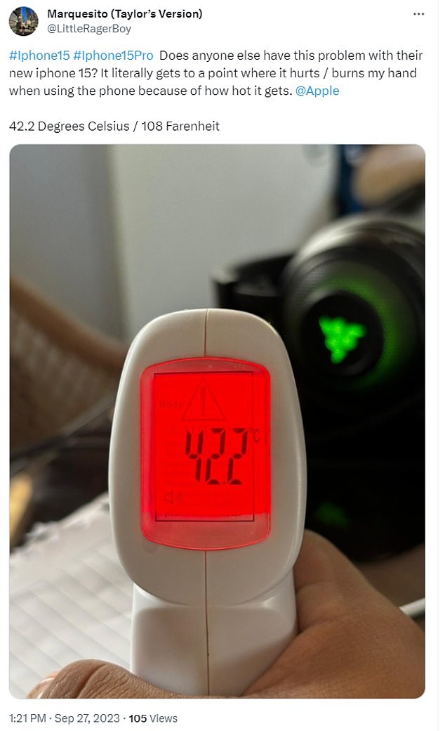 Dieser X-Benutzer gibt an, dass die Temperatur seines iPhone 15 Pro nach der Verwendung 108 °F betrug.  Während iPhones überhitzen, ist zu beachten, dass das Gerät typischerweise innerhalb der ersten 24 Stunden nach der Einrichtung heißer wird