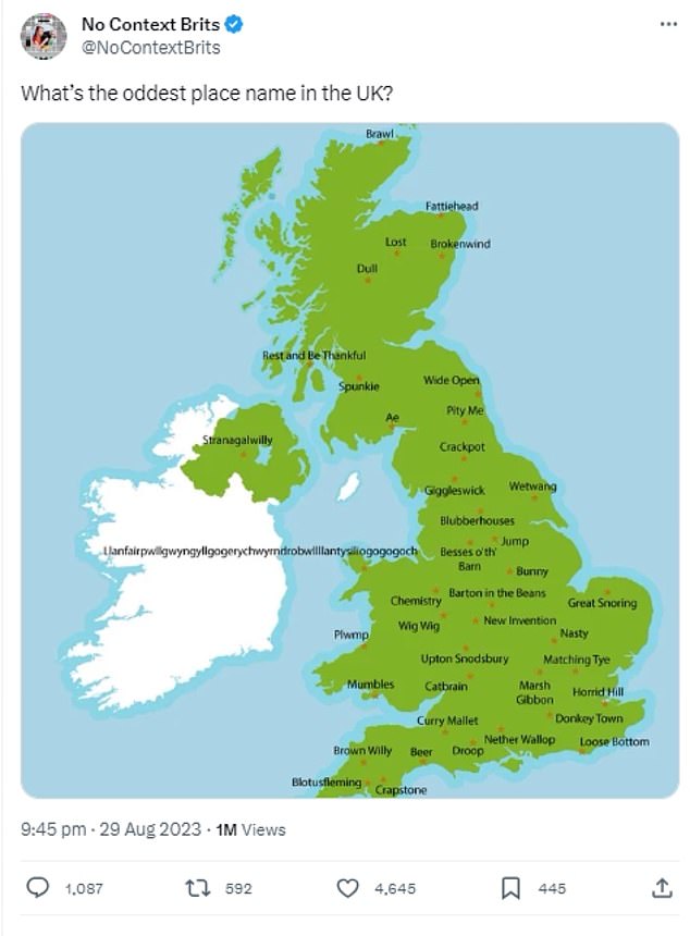 Der X-Account (früher bekannt als Twitter), No Context Brits, hat eine Karte mit den seltsamsten Ortsnamen, die Großbritannien zu bieten hat, geteilt – und da die meisten davon unangemessen klangen, hat sie uns nicht enttäuscht