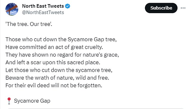 An account called North East Tweets said: ' Those who cut down the Sycamore Gap tree, have committed an act of great cruelty'