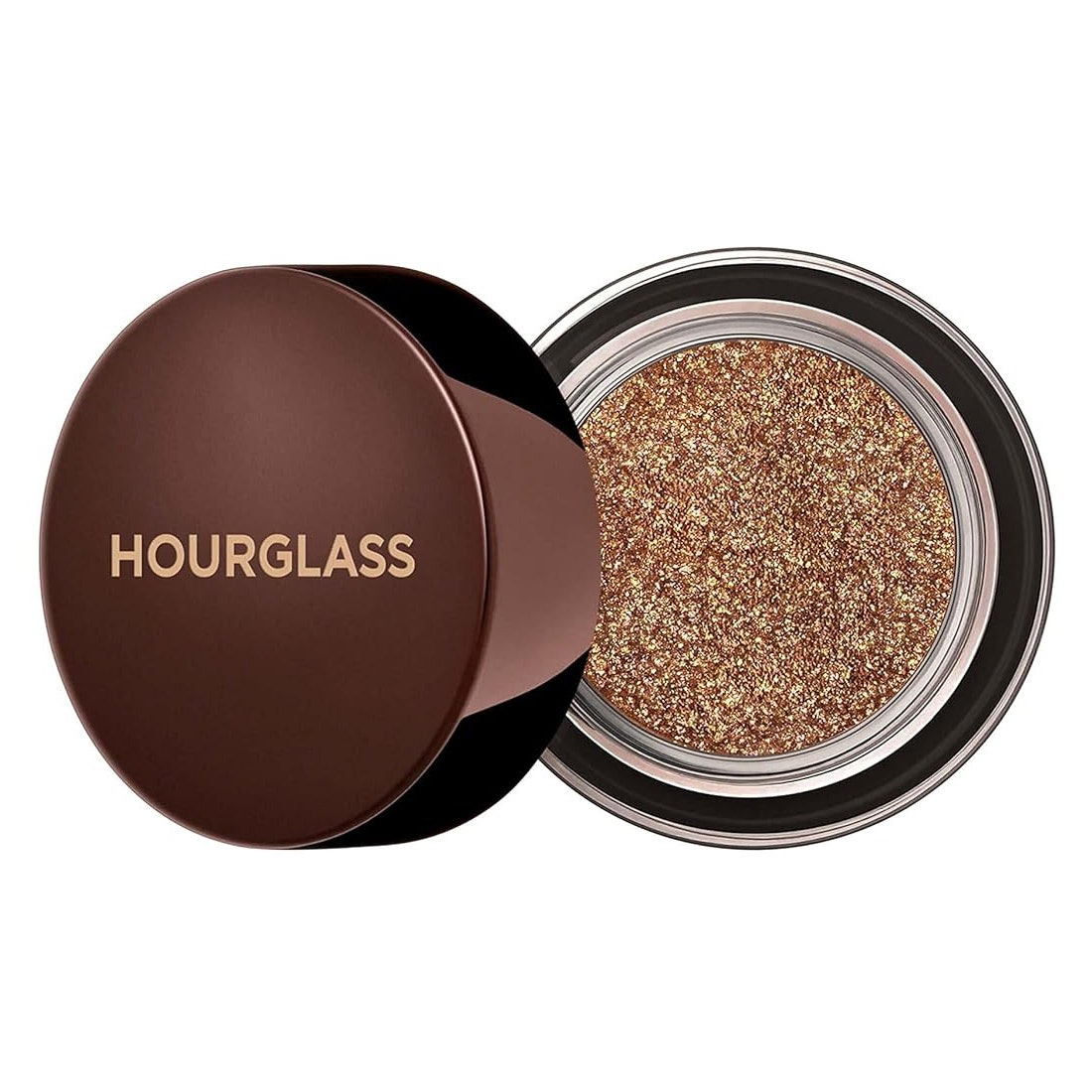 Hourglass Scattered Light Eyeshadow Draufsicht auf ein Glas mit bronzefarbenem Glitzer-Lidschatten mit braunem Deckel angelehnt auf weißem Hintergrund