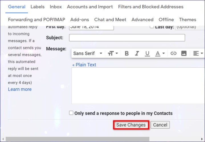 Die Schaltfläche „Änderungen speichern“ auf der Gmail-Website.
