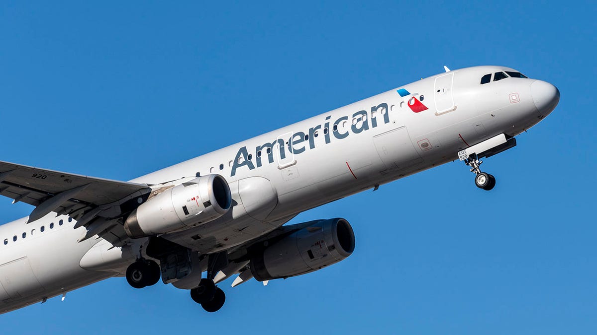 Ein Flugzeug der American Airlines scheint von einem unbenannten Flughafen zu starten