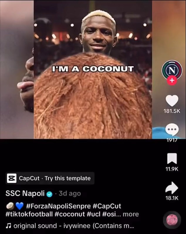 Ein zweites Video, angeblich aus dem Konto des Vereins, verglich Osimhen mit einer „Kokosnuss“.