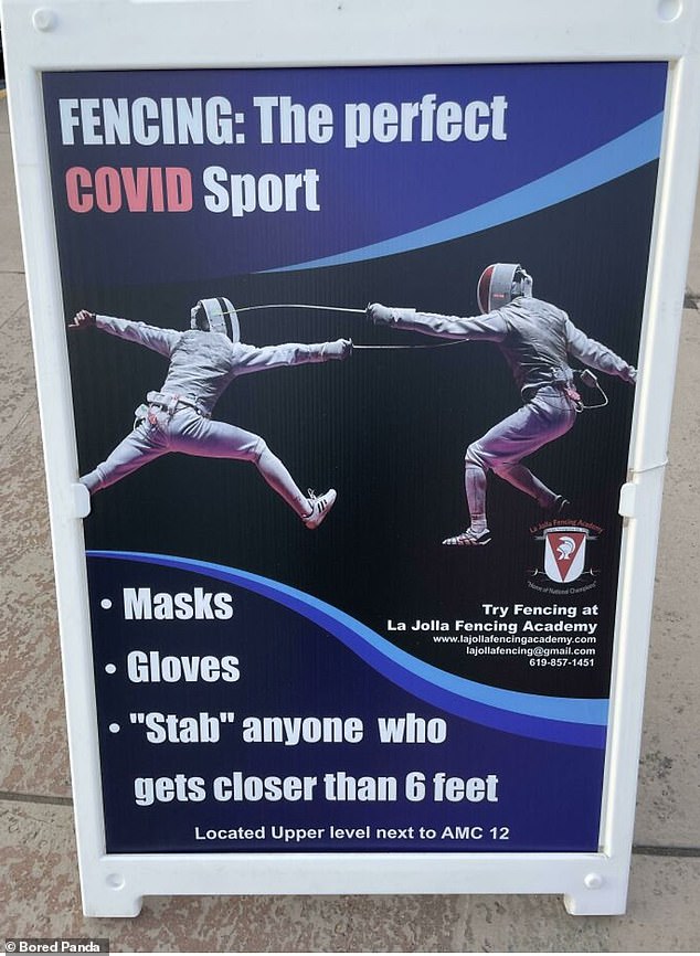 Ein urkomisches Werbeschild der La Jolla Fencing Academy in San Diego, Kalifornien, das behauptete, es sei der perfekte Covid-Sport