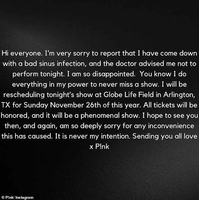 Absage: Pink kündigte die Absage in den sozialen Medien an und teilte den Fans mit, dass dies auf ärztliche Anordnung zurückzuführen sei, nachdem bei ihr eine „schwere Nebenhöhlenentzündung“ diagnostiziert worden war.