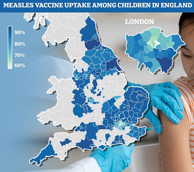 Die Grafik zeigt den Prozentsatz der Fünfjährigen in England, die beide Dosen des MMR-Impfstoffs erhalten haben.  Während der nationale Durchschnitt bei 85,7 Prozent liegt, sinkt der Wert in Hackney im Norden Londons auf nur 59 Prozent