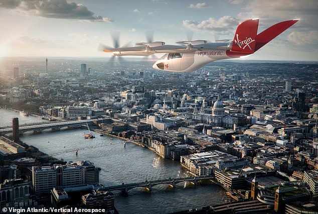 Reisen mit dem Flugzeug werden Reisende am Ende voraussichtlich etwa 5 bis 10 £ pro zurückgelegter Meile kosten – was zwischen dem Preis eines Hubschraubers und einem Privatwagen liegt.  Das Konzeptbild zeigt ein von Vertical Aerospace gebautes Flugzeug der Marke Virgin, das über London fliegt
