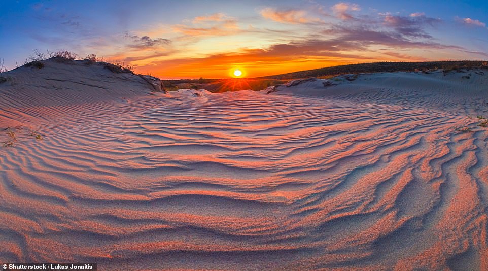 Herrlich: Auf einer Tour durch Litauen besucht Jo Kessel den Badeort Nida, der auf einem 60 Meilen langen Sandfinger namens Kurische Nehrung liegt.  Einheimische behaupten, dass Nida einige der schönsten Sonnenuntergänge der Welt bietet – abgebildet ist ein Sonnenuntergang über einer Sanddüne in der Nähe des Resorts