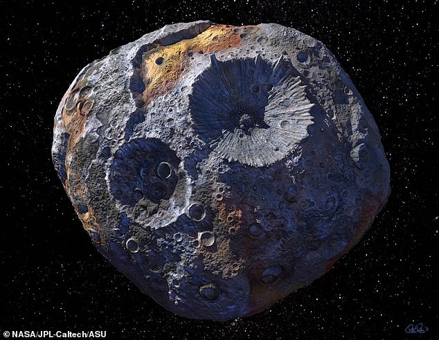 Gold mine? NASA's Psyche spacecraft is due to explore an asteroid called 16 Psyche (depicted) which experts think may be packed full of precious metals with a value in excess of $10,000 quadrillion. The orbiter will launch from Kennedy Space Center in Florida on October 5