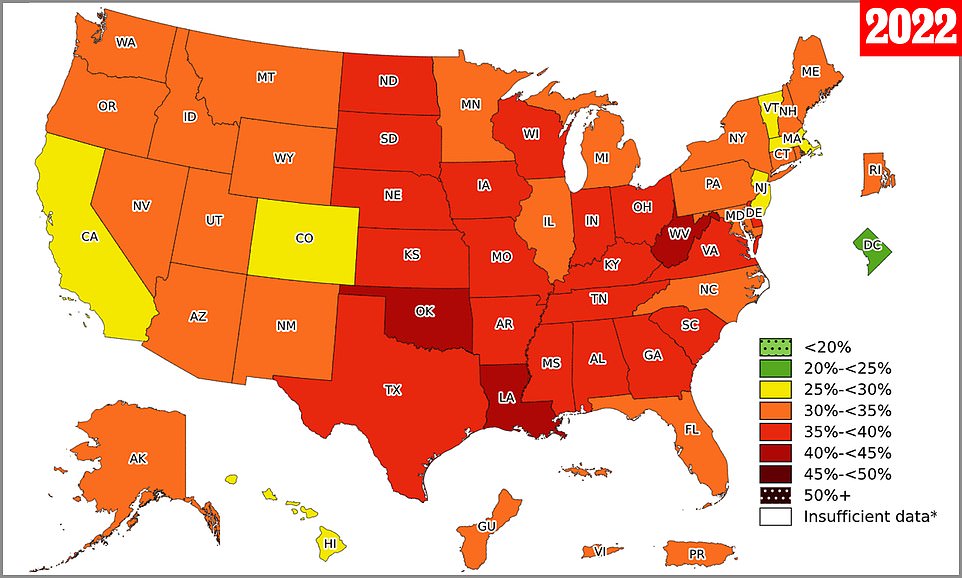 Die obige Karte zeigt die Fettleibigkeitsrate nach US-Bundesstaat im Jahr 2022, dem neuesten Stand der Daten.  Die Daten wurden am Donnerstag von den Centers for Disease Control and Prevention veröffentlicht