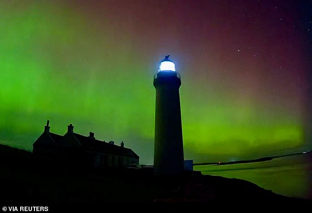 British skygazers could be treated to a spectacular natural light display tonight and throughout the rest of this week in the form of the Northern Lights. The natural light display is pictured here at the Cantick Head Lighthouse Cottage on the Scottish island of South Walls, September 12