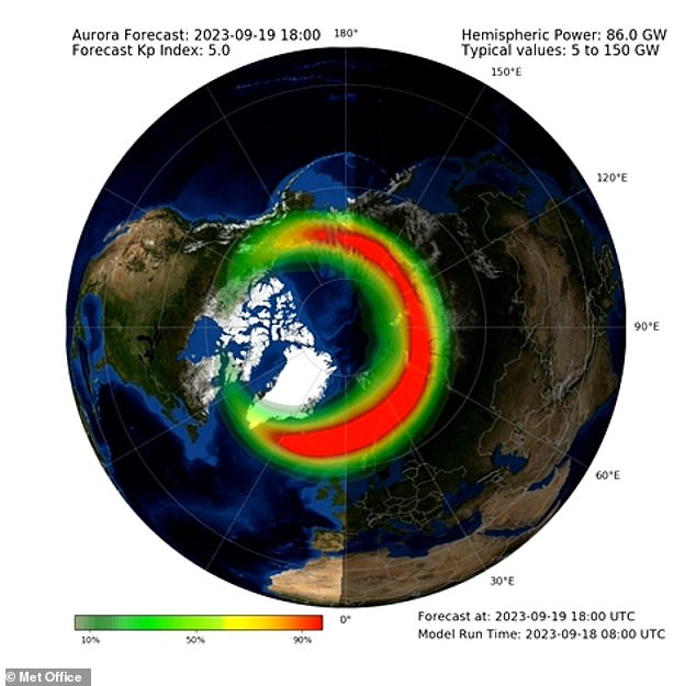 A Met Office animation shows the auroral oval - the ring-like range of auroral activity that determines the range of the Northern Lights