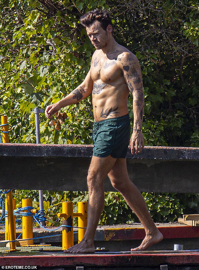 Erstaunlich: Harry Styles zeigte ihren durchtrainierten Körper in grünen Badeshorts, als er am Sonntag im öffentlichen Teich in Hampstead Heath, London, ein Bad nahm