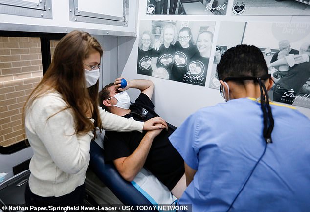 Erika Haas hält die Hand ihres Freundes Brad Bashor, während Dr. Esgar Guarin am Freitag, dem 4. November 2022, in seiner mobilen Vasektomie eine Vasektomie bei Herrn Bashor durchführt