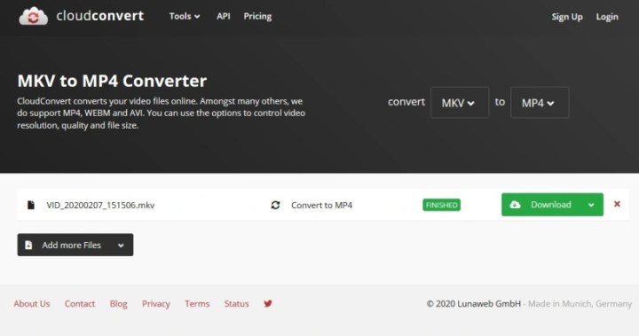 Der MKV-zu-MP4-Konverter auf der Website von CloudConvert.