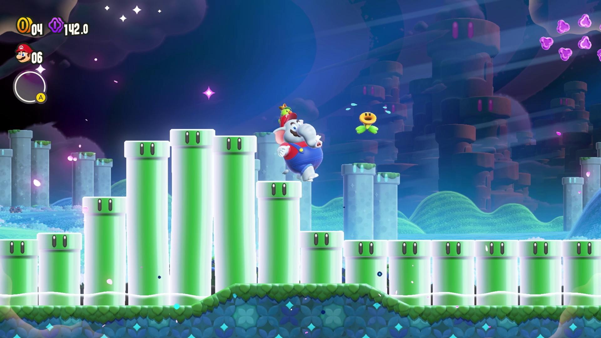 Mario nutzt das Elefanten-Power-Up nach einer Wunderblume in „Super Mario Bros. Wonder“