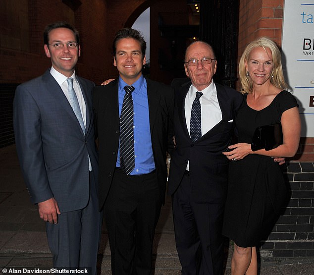Rupert Murdoch at the Newscorp Summer Party at the Oxo Tower,London with James, Lachlan, and Elisabeth
