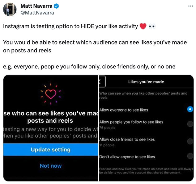 Diese Woche begann die Meta-eigene App mit dem Testen einer Option, die es Benutzern ermöglicht, zu verbergen, wer sehen kann, was ihnen „mag“.  Das Update wurde einer kleinen Gruppe von Benutzern zur Verfügung gestellt, darunter dem britischen Social-Media-Experten Matt Navarra, der am Montag einen Screenshot auf X (ehemals Twitter) hochgeladen hat, der zeigt, wie Instagram seine neue Änderung angekündigt hat