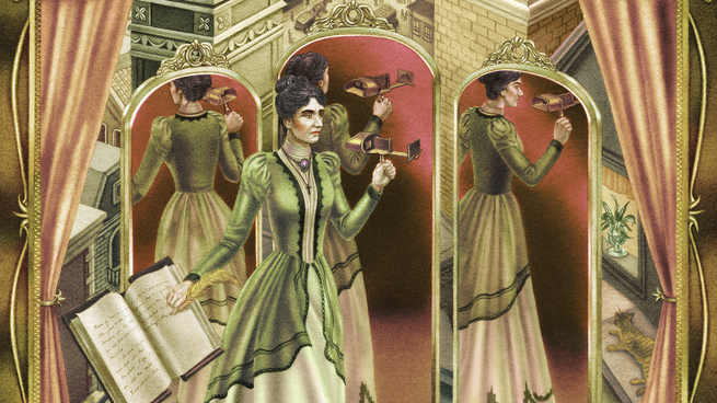 Dunkelhaarige Frau in viktorianischer Kleidung hält ein Stereoskop in der Hand und schreibt mit einem Federkiel in ein offenes Buch, mit einem 3-Wege-Spiegel dahinter und eingerahmt von theatralischen Vorhängen