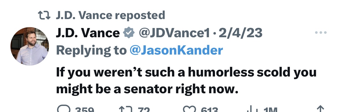 Twitter-Screenshot von JD Vance, der Jason Kander erzählt: "Wenn Sie nicht so ein humorloser Schelter wären, wären Sie vielleicht jetzt Senator."