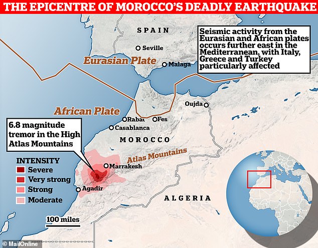 Wo sich das Erdbeben ereignete: Diese Karte zeigt das Epizentrum des tödlichen Erdbebens in Marokko, bei dem am vergangenen Freitag über 2.000 Menschen ums Leben kamen und Tausende weitere verletzt wurden