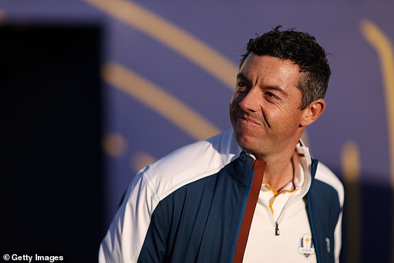ROME, ITALY - SEPTEMBER 26: Rory McIlroy of Team Europe prior to the 2023 Ryder Cup at Marco Simone Golf Club on September 26, 2023 in Rome, Italy. (Photo by Naomi Baker/Getty Images)