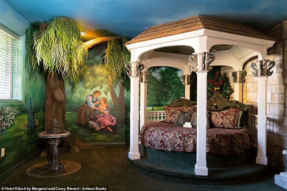 BLACK SWAN INN, POCATELLO, IDAHO: This inn is housed within a 1933 Tudor-style building in Pocatello, the book reveals. Above is the Black Swan Garden Suite, which features 'serene floral murals, a giant hot tub, and a gazebo that has been turned into a bed frame'