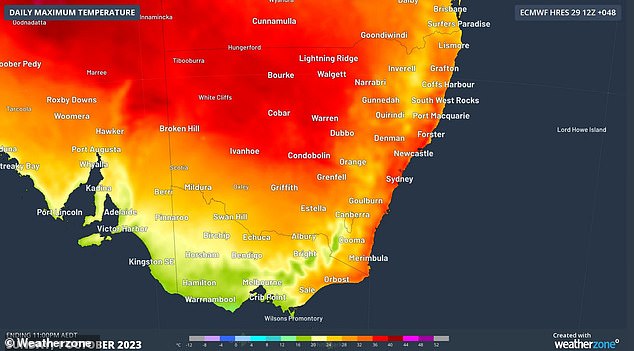 Sydney verzeichnete Temperaturen von 36 °C, während Melbourne ein Maximum von 22 °C erreichte und Brisbane am Sonntag auf 27 °C anstieg (im Bild eine Wetterkarte von Australien).