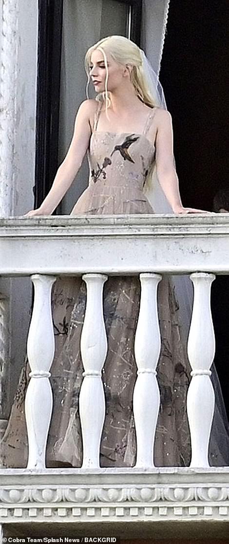 Spectacular: Her unconventional dress comprised a princess shape in a beige shade with embroidery and embellishments - including images of birds and flowers across the bodice, while she wore a bright white veil