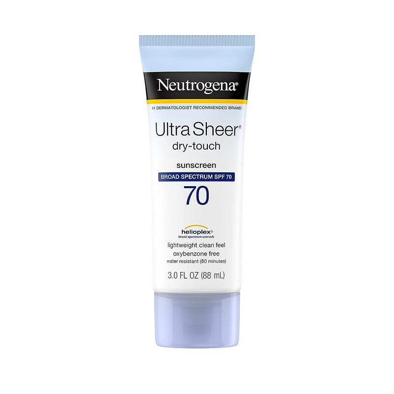 Neutrogena Ultra Sheer Dry-Touch Sunscreen SPF 70: Eine blau-weiße Tube auf weißem Hintergrund