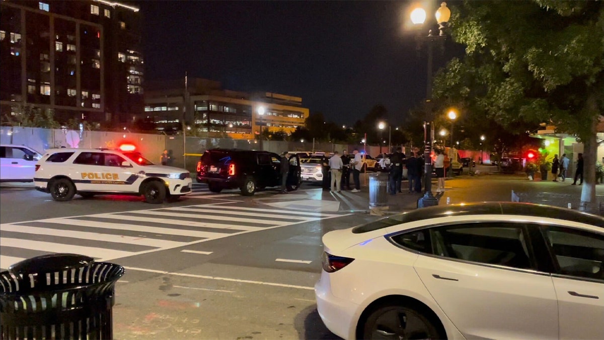Polizei, Menschen auf der Straße in Washington DC nach einem Autodiebstahl