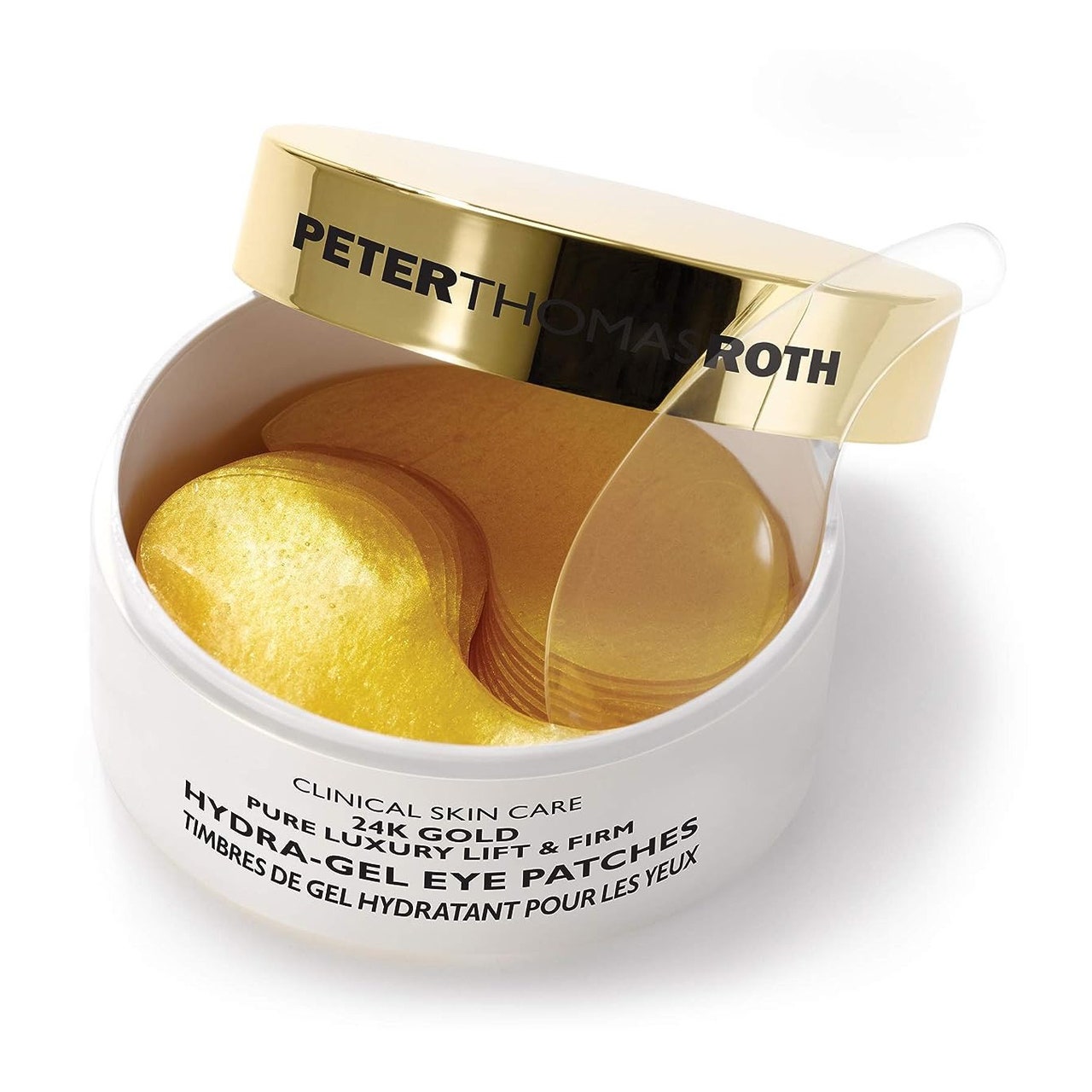 Peter Thomas Roth 24K Hydra-Gel-Augenklappen, Draufsicht auf ein weißes Glas mit Gold unter Augenklappen mit angelehntem Golddeckel auf weißem Hintergrund