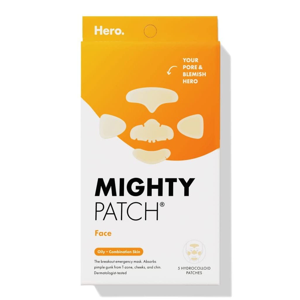 Hero Cosmetics Mighty Patch Face orange-weiße Schachtel mit Gesichtspflastern auf weißem Hintergrund