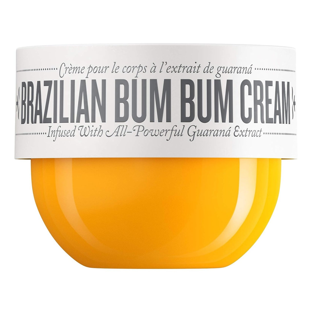 Sol de Janeiro Bum Bum Cream Orangenglas mit weißem Deckel auf weißem Hintergrund